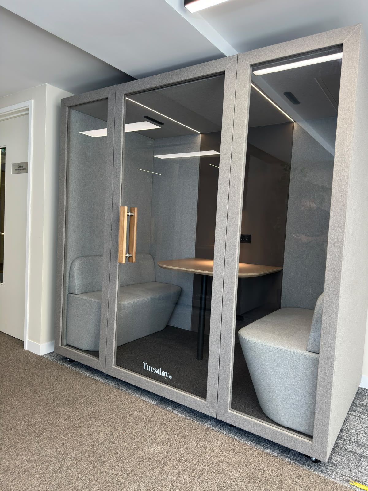 Tuesday four-person meeting pod installation, London office fit-out